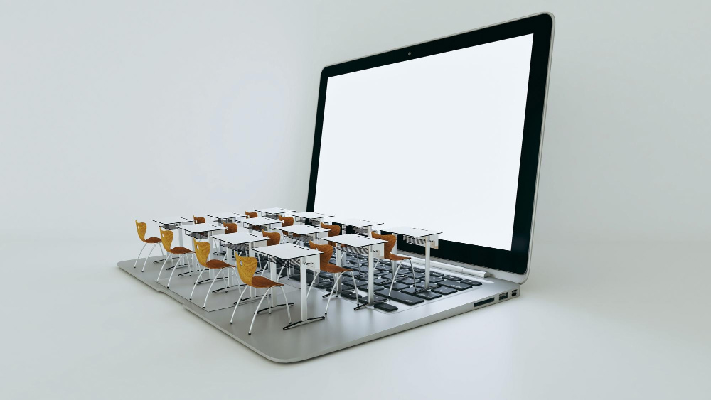 digital classroom concept online education modern classroom desks laptops keyboard s